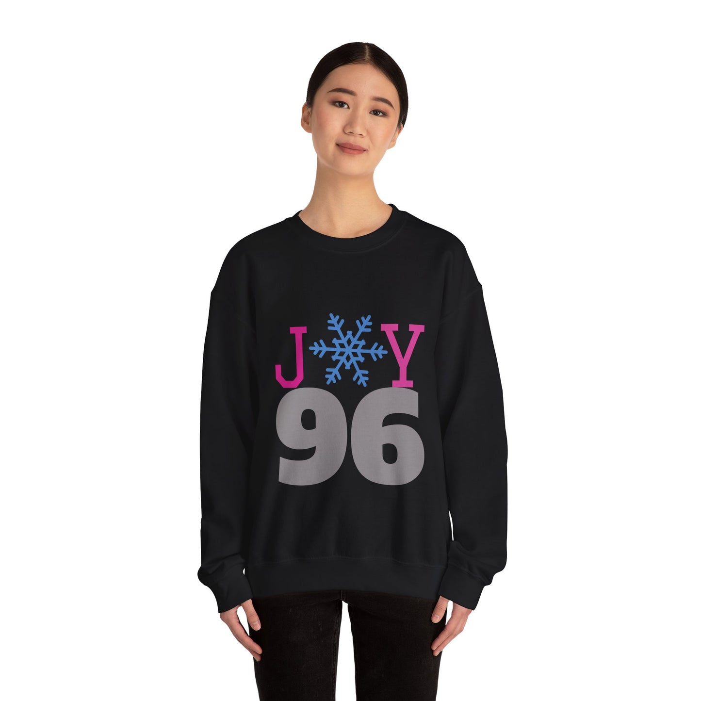 Crewneck Sweatshirt — Joy 96 Snowflake Front & Sunflower Cyclist Back