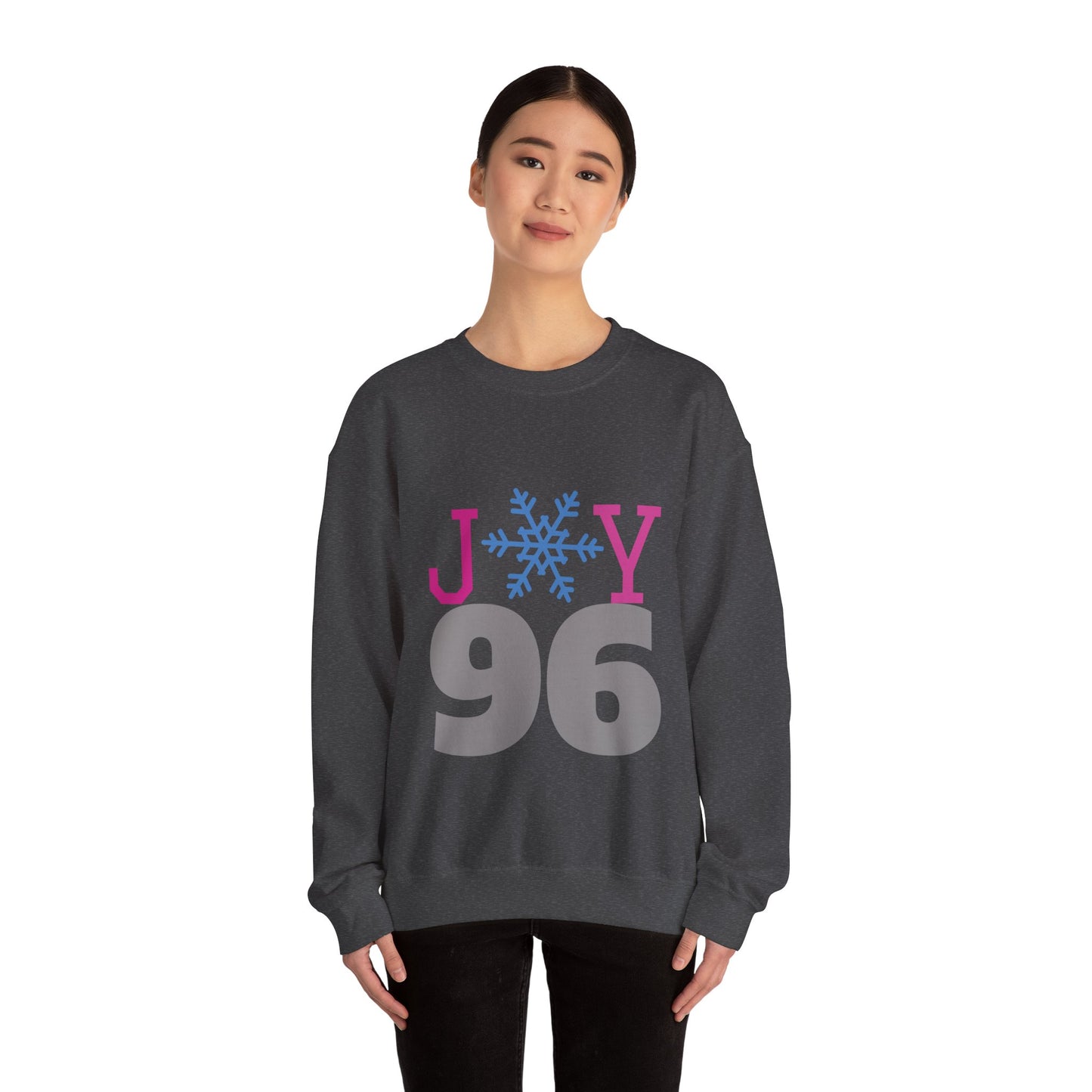 Crewneck Sweatshirt — Joy 96 Snowflake Front & Sunflower Cyclist Back