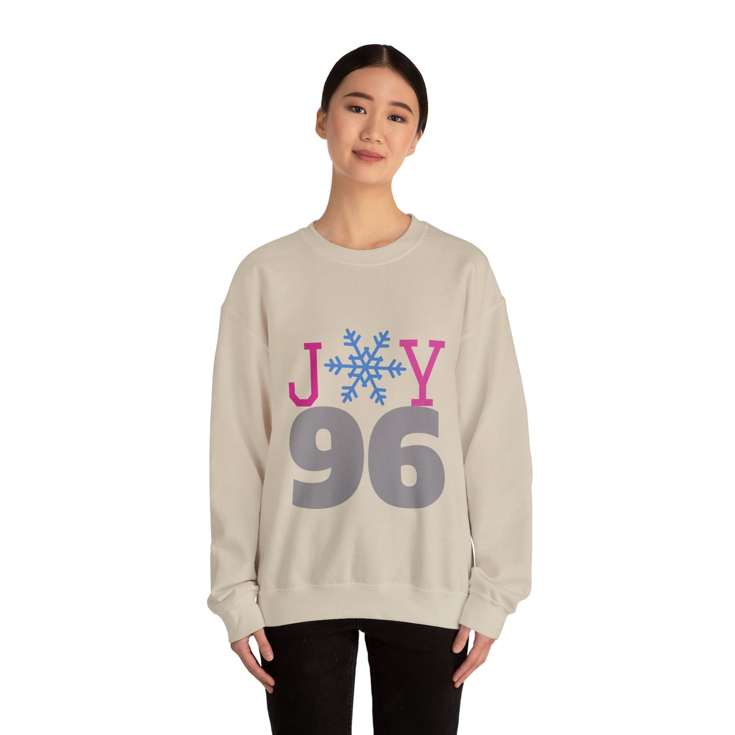 Crewneck Sweatshirt — Joy 96 Snowflake Front & Sunflower Cyclist Back